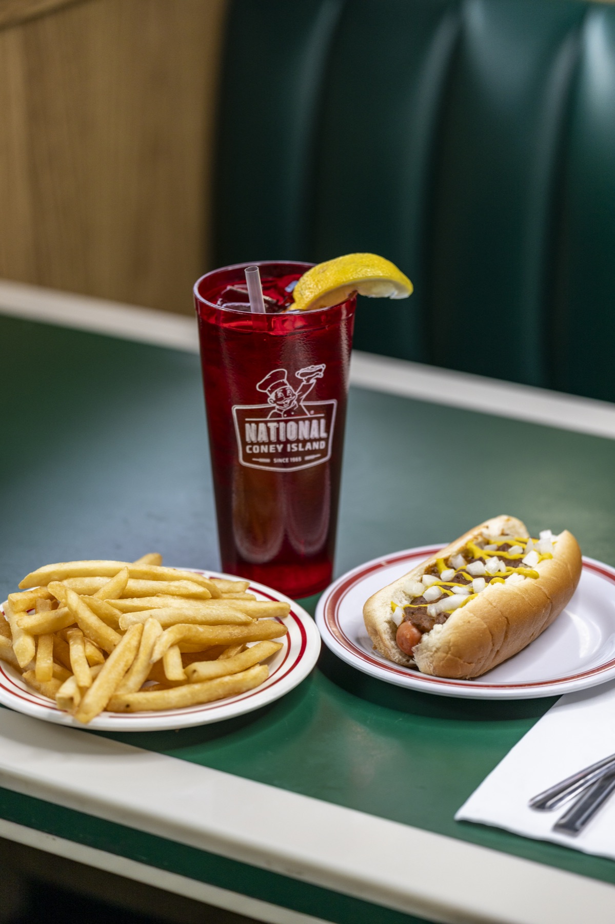 A coney dog, fries, and a soft drink at National Coney Island
